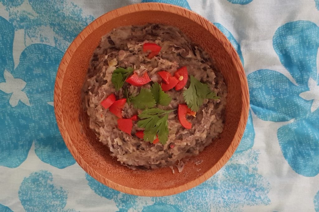 A bowl of homemade refried beans